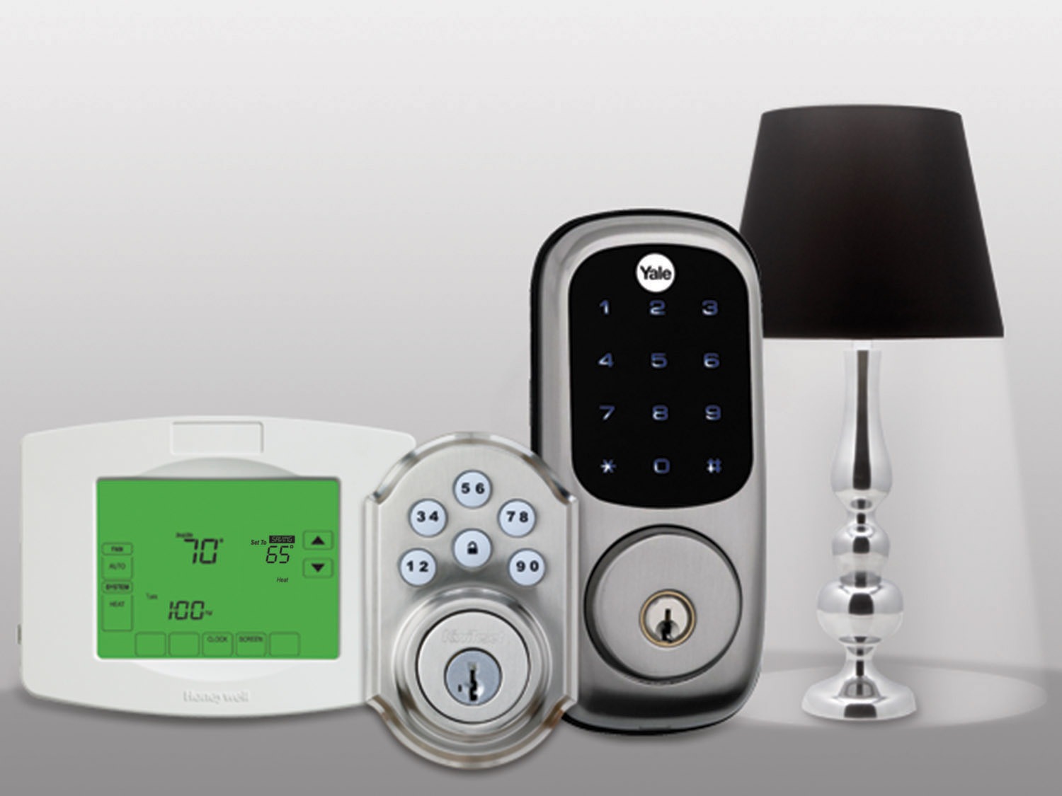 alarm system keypad, smart locks, lamp