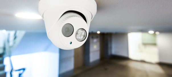 Security camera mounted on ceiling