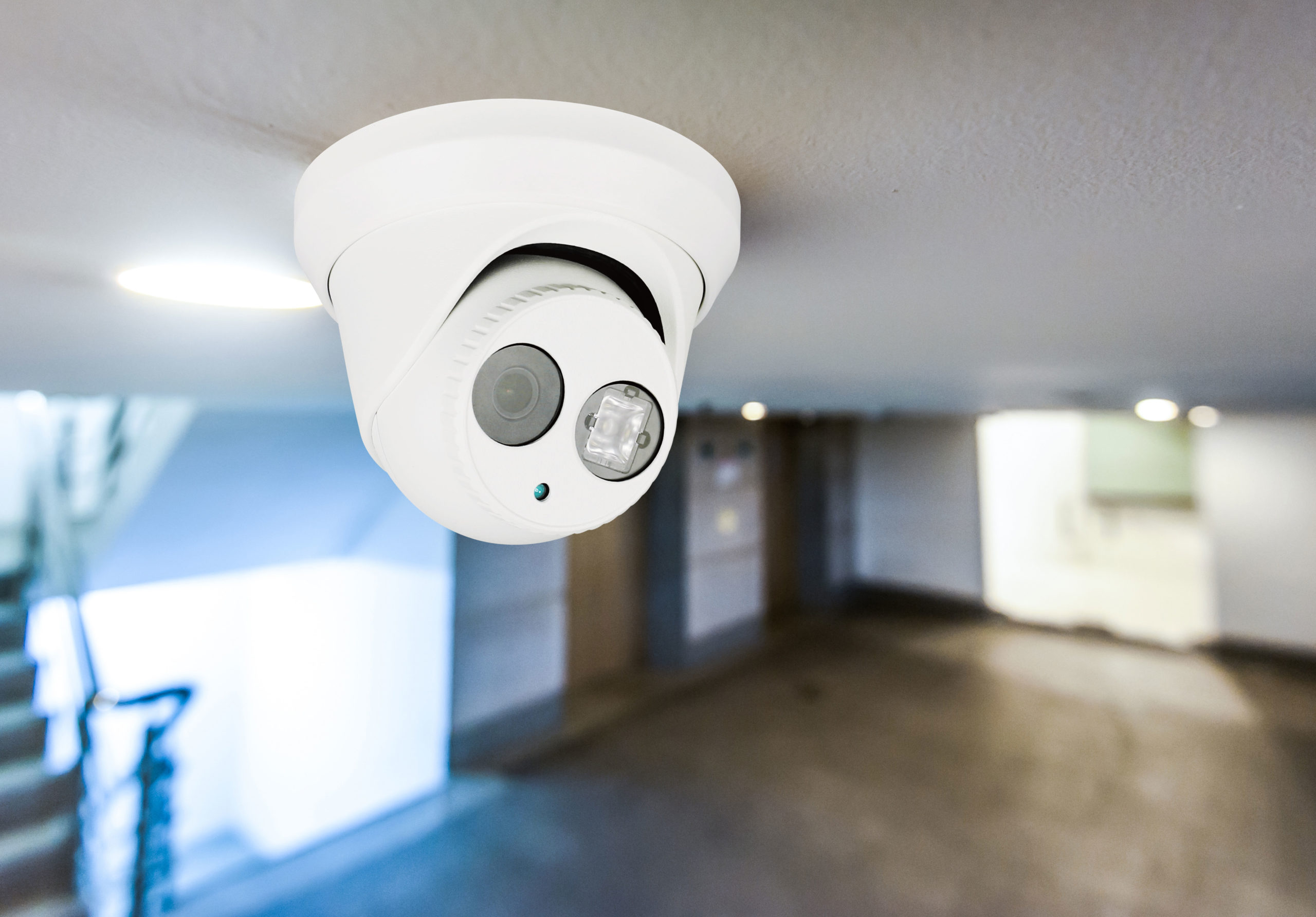Security camera mounted on ceiling